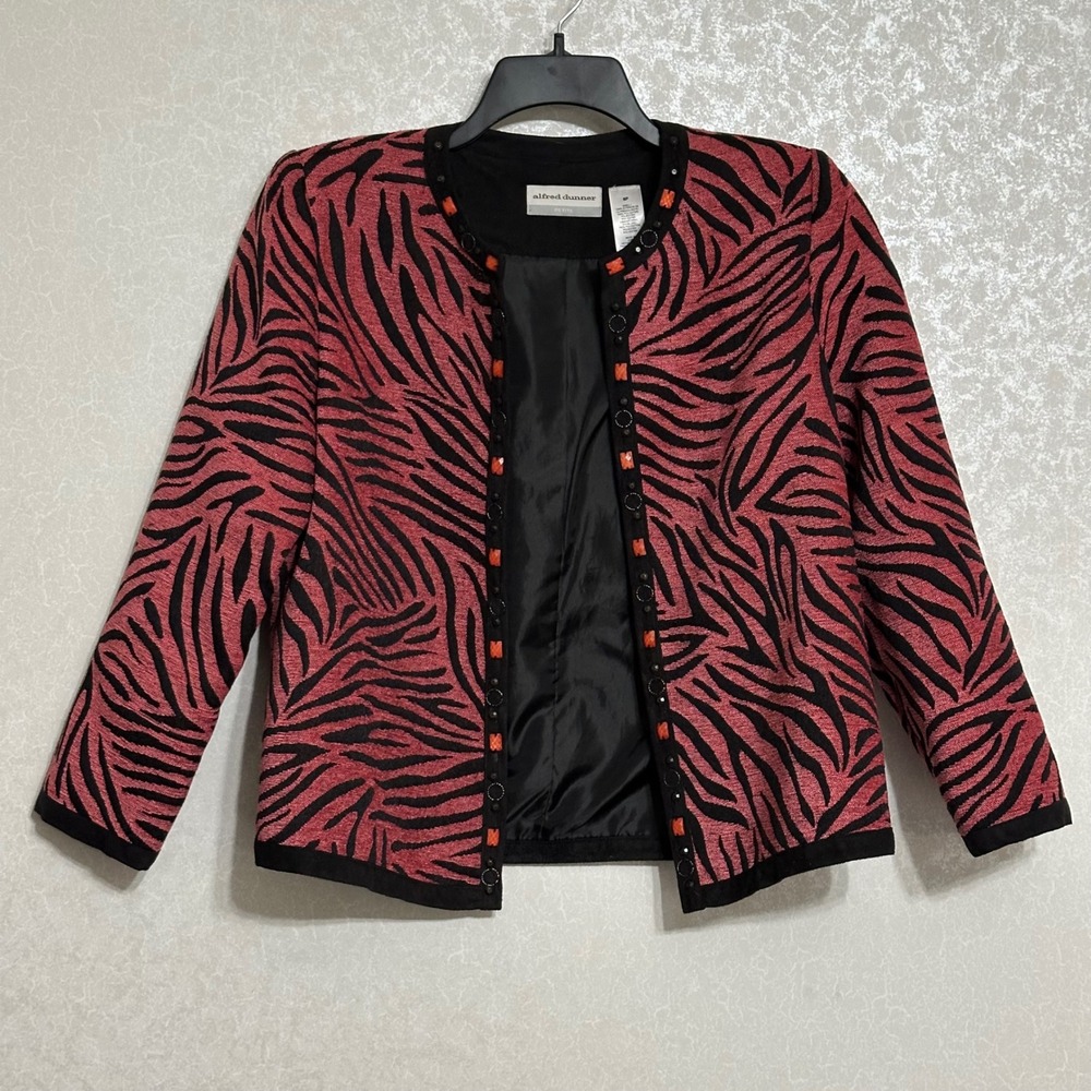 Alfred Dunner Petite Zebra Print Open Front Jacket Animal Studded Red Black 6P - Picture 1 of 4